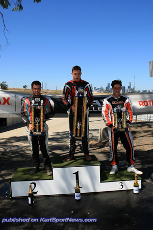 Rotax Light podium – L-R Carey 2nd, Pierce Lehane 1st, Brad Jenner 3rd