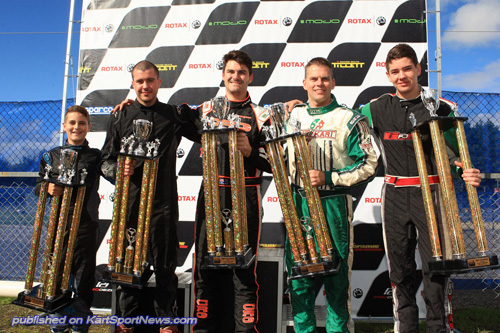 The round winners from Pro Tour Lithgow (left to right) Samuel Dicker – Junior Max Trophy Class, Bret Mullavey – Rotax Light, Jason Pringle – DD2, Hamish Leighton – DD2 Masters, Nicholas Andrews – Junior Max
