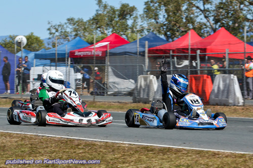 Sydney driver Cody Brewczynski claimed a narrow victory in Junior National Heavy over Jack Bussey (74) and Ryan Pike (hidden)
